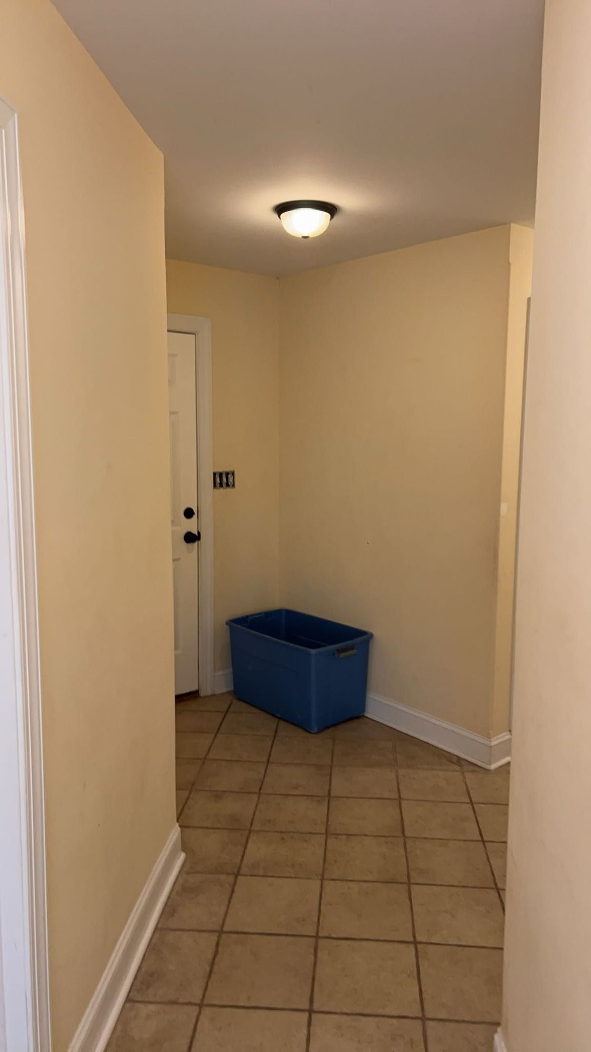A hallway in a house with a blue bin on the floor.