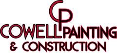 The logo for cowell painting and construction is red and black.
