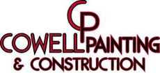 The logo for cowell painting and construction is red and black.