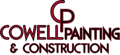 The logo for cowell painting and construction is red and black.