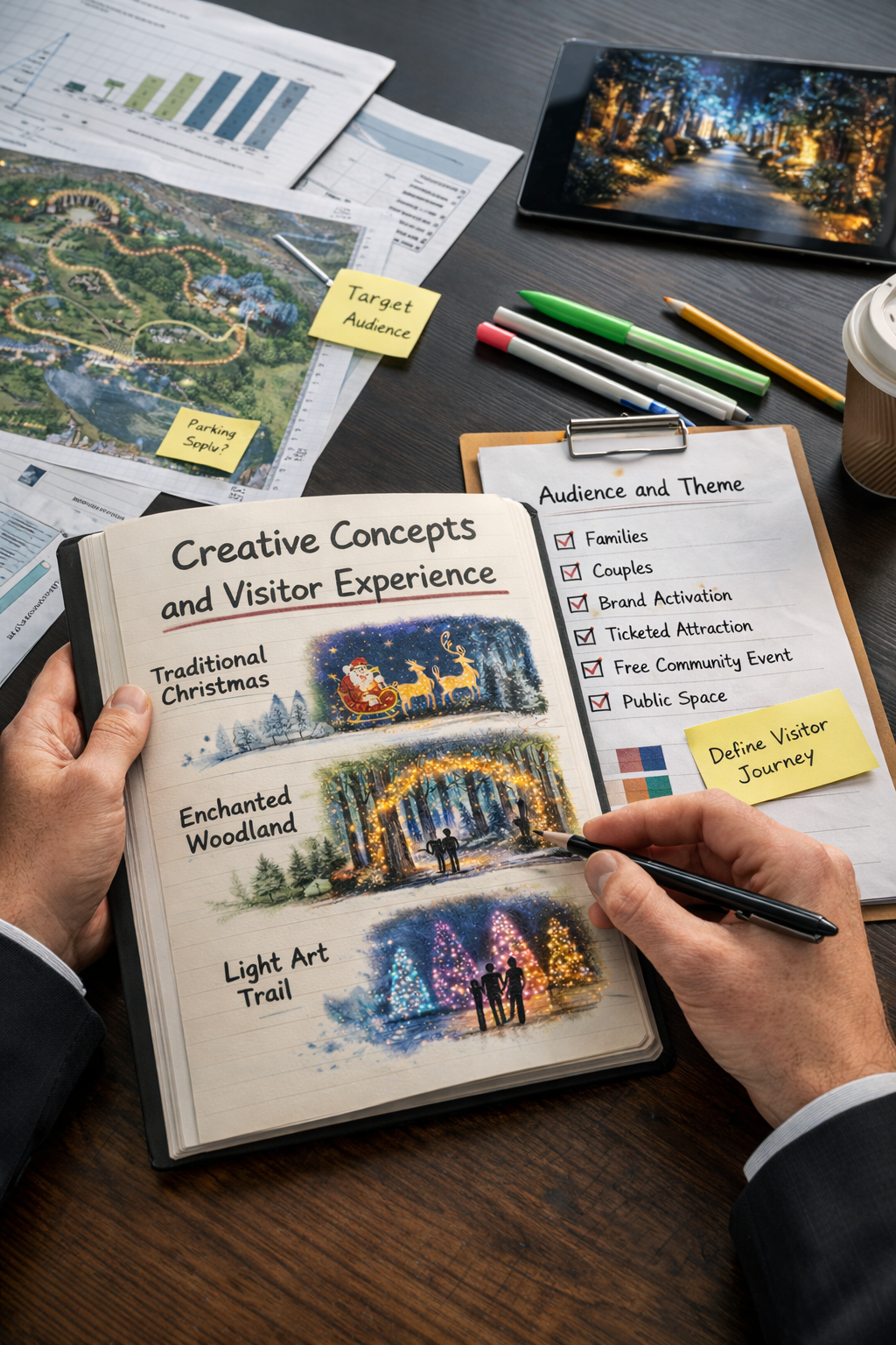 Business planning session for a Christmas light trail with sketches, charts, maps, and audience planning notes.