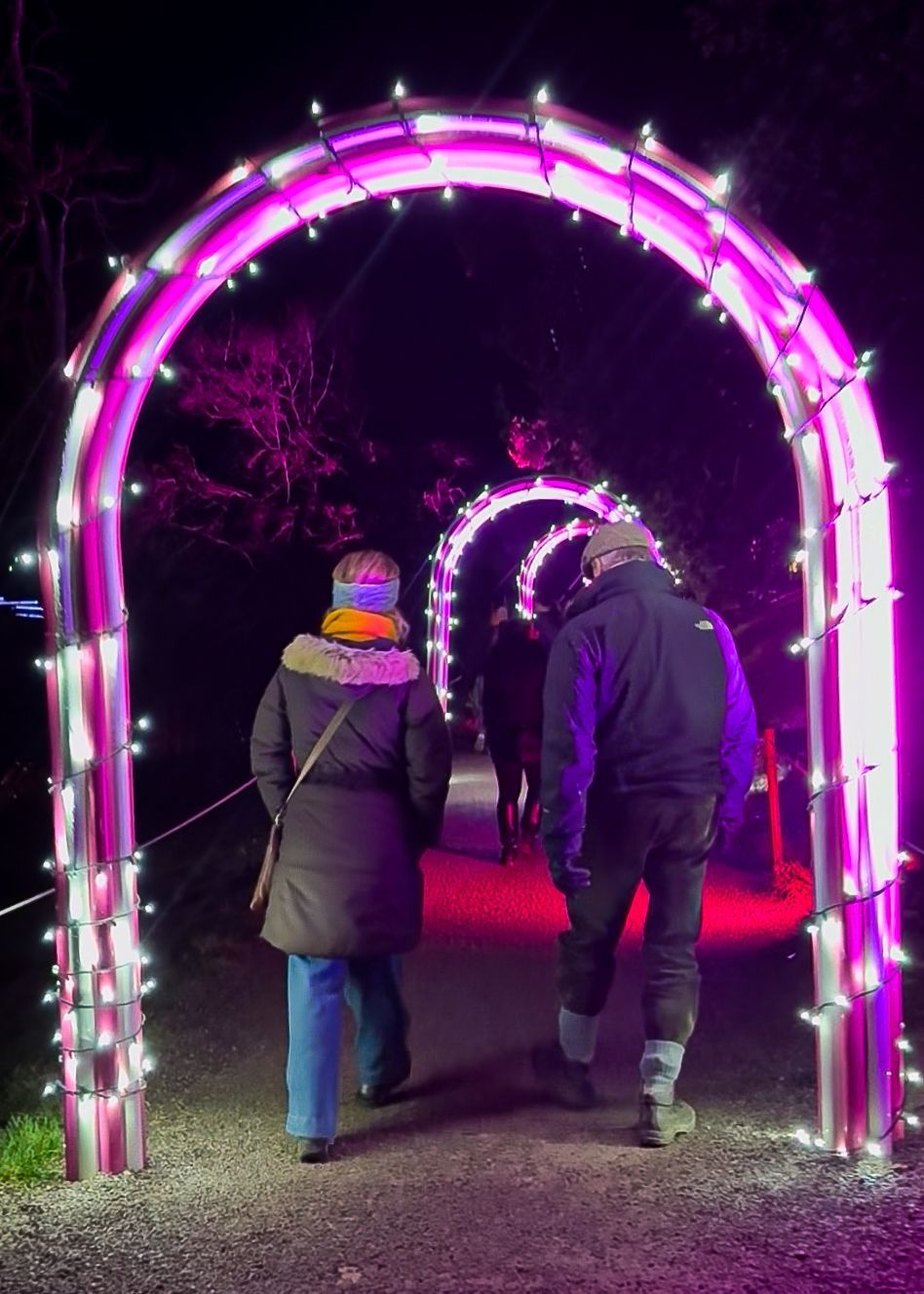 Illuminated arches along walkways to enhance light trail experience.