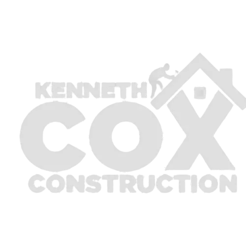 A gray and white logo for kenneth cox construction.