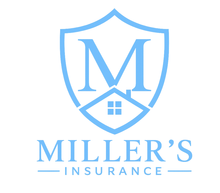Miller&rsquo;s Insurance logo with a blue shield, house, and large &ldquo;M&rdquo; on a white background