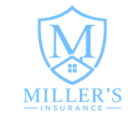Miller&rsquo;s Insurance logo with a blue shield, house, and large &ldquo;M&rdquo; on a white background