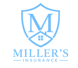 Miller&rsquo;s Insurance logo with a blue shield, house, and large &ldquo;M&rdquo; on a white background