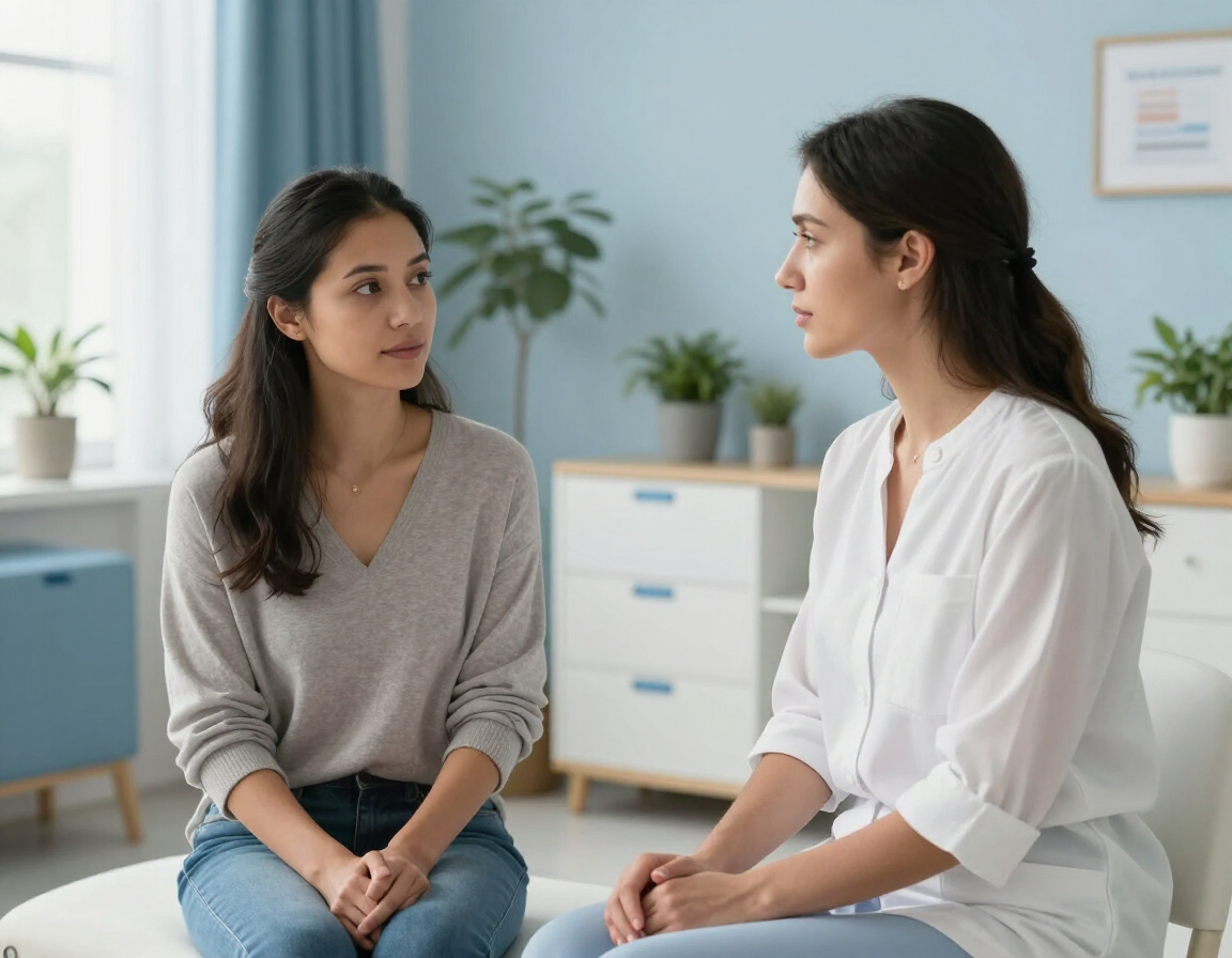Dos mujeres sentadas conversando en una oficina luminosa, una con un suéter gris y la otra con una camisa blanca.