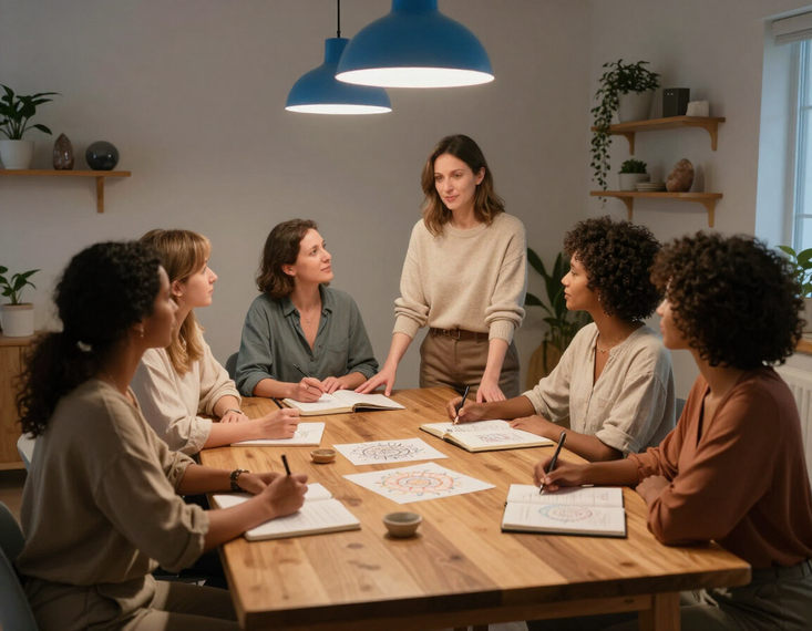 Reunión de equipo alrededor de una mesa de madera