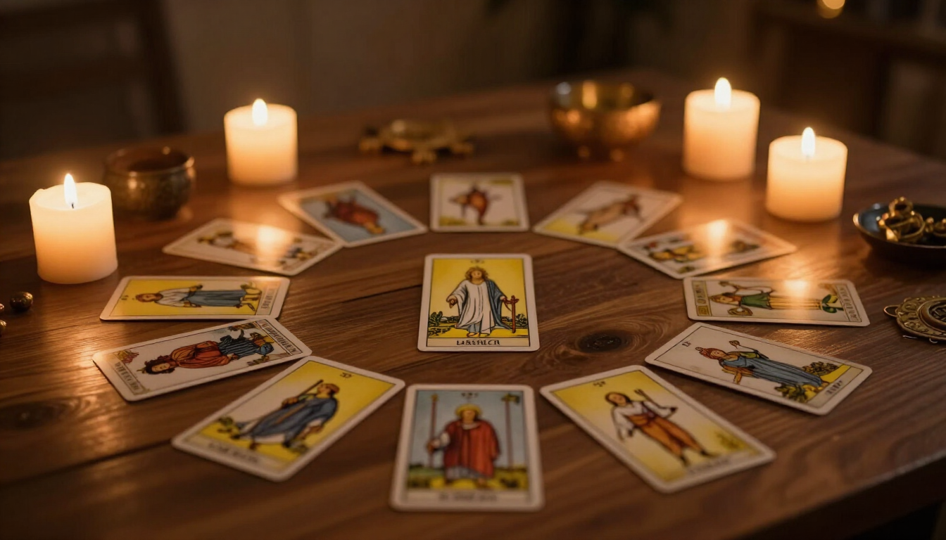 Cartas del tarot dispuestas en círculo sobre una mesa de madera, iluminadas por varias velas en una habitación con poca luz.