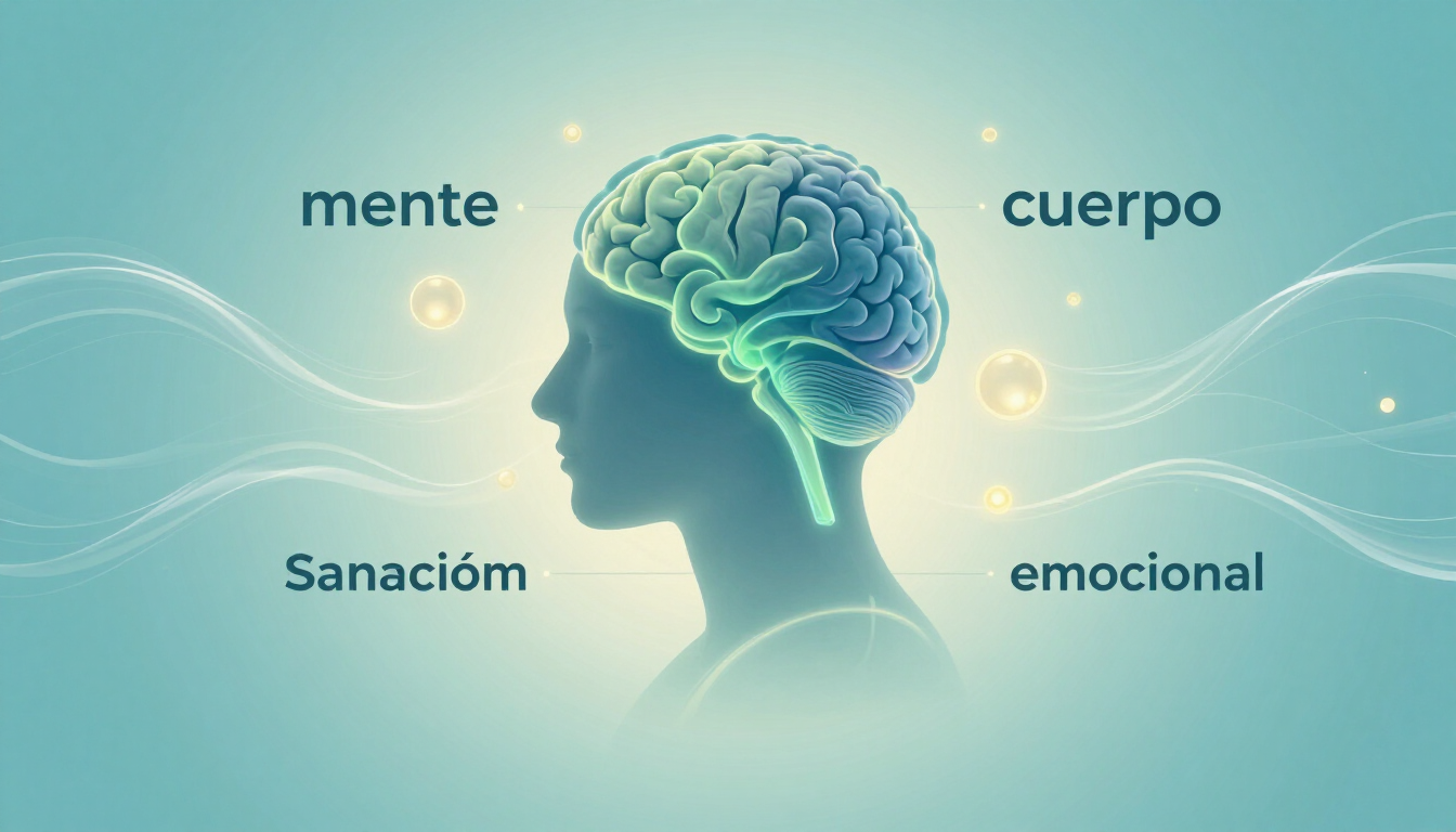 Silueta de una cabeza con cerebro brillante y las palabras mente, cuerpo, sanación y emocional sobre un fondo verde azulado.