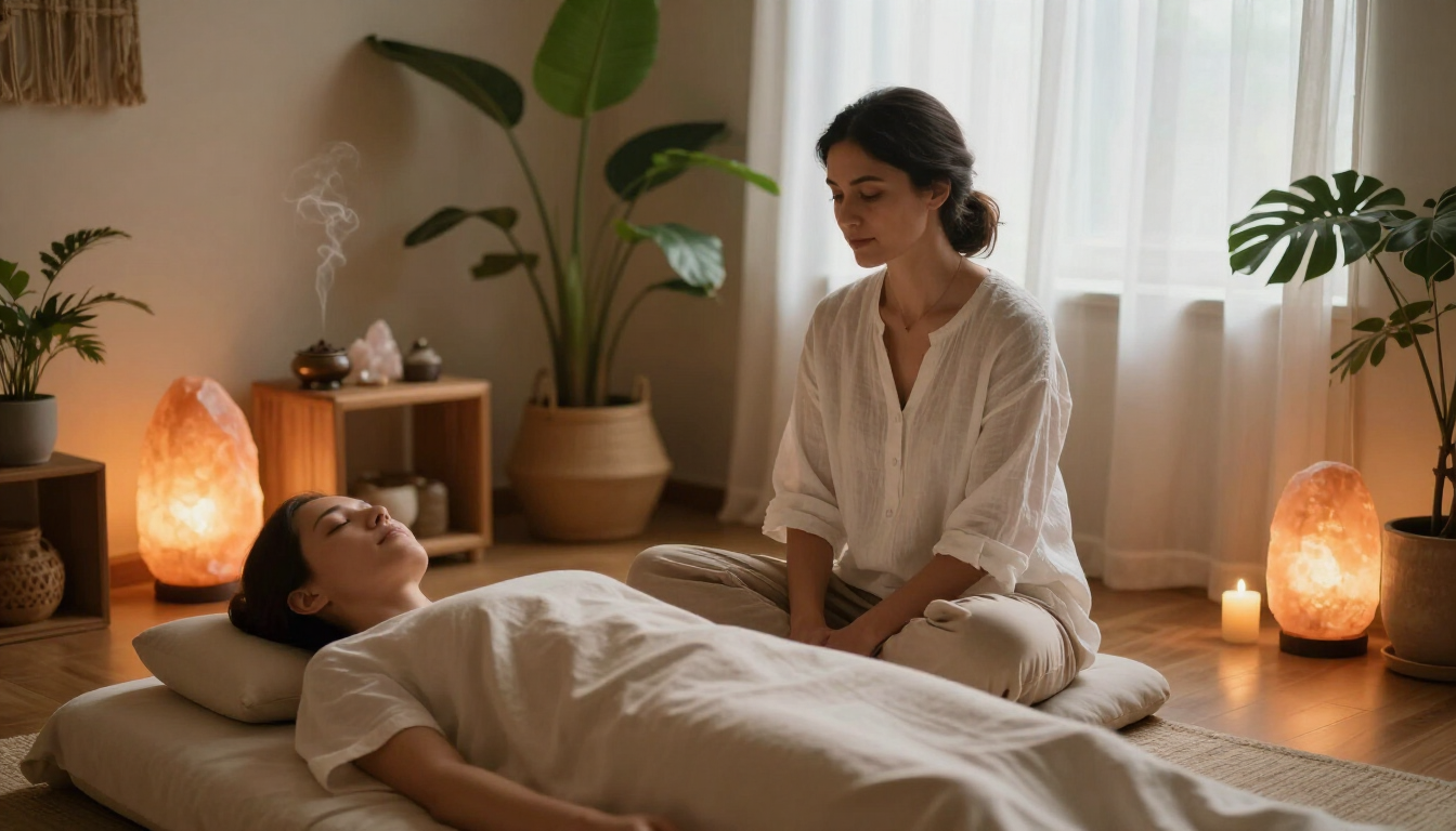 Una terapeuta de spa le da un masaje a un cliente en una habitación cálida iluminada con velas.