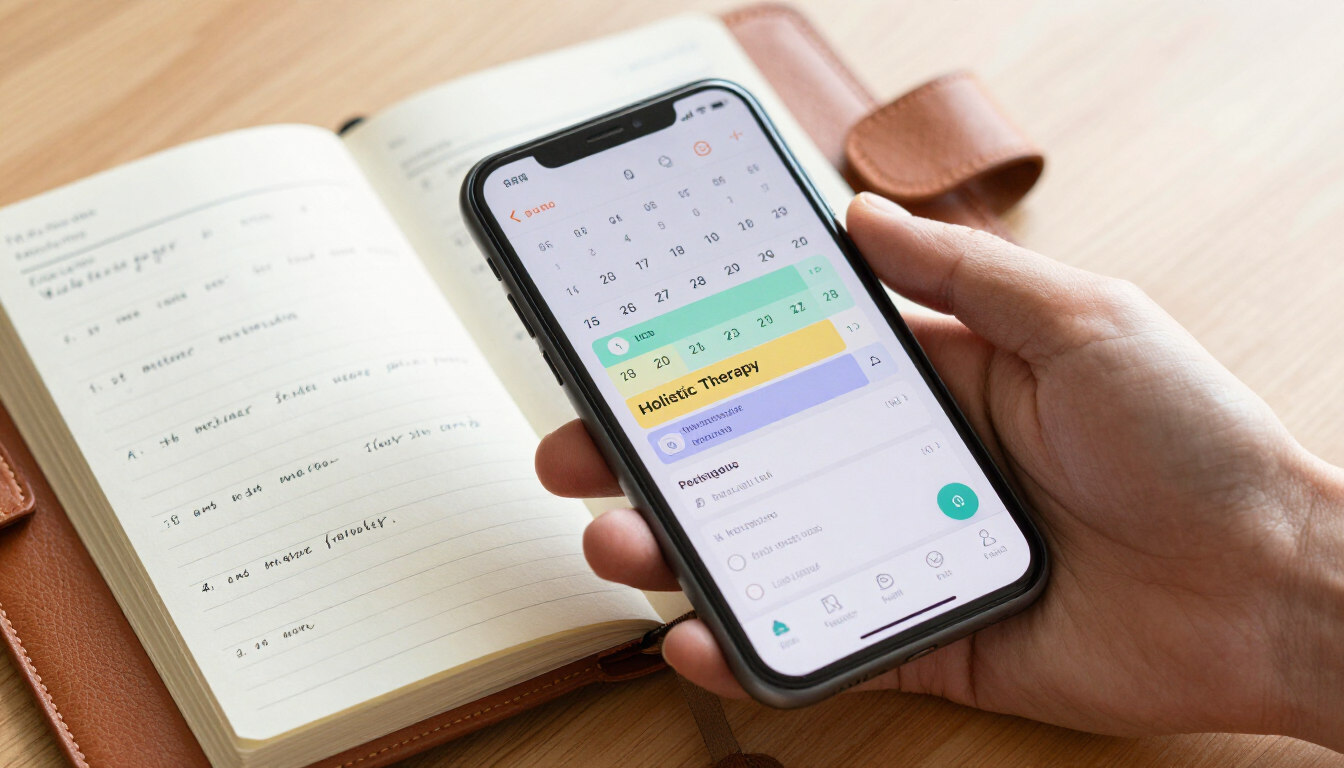Manos que sostienen un teléfono inteligente sobre un cuaderno