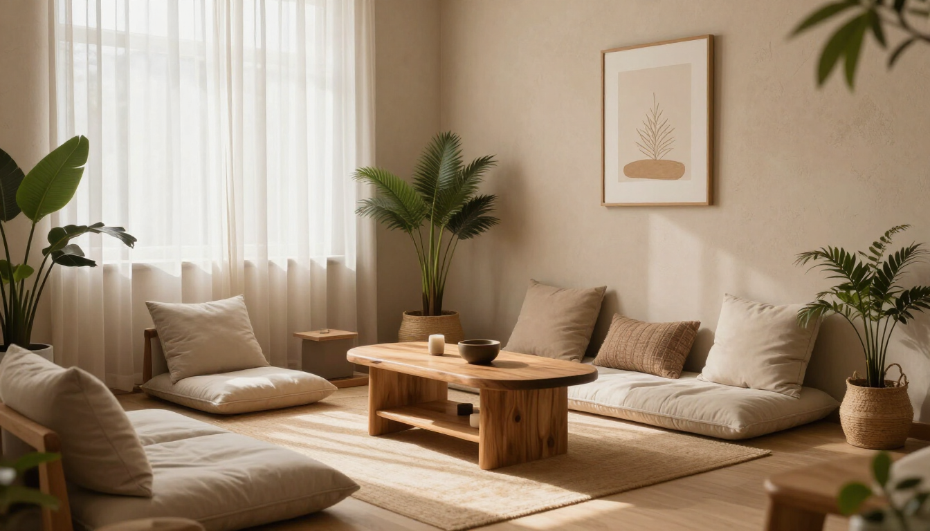 Acogedora sala de estar de color beige con cojines en el suelo, mesa baja de madera, plantas y luz natural tenue.