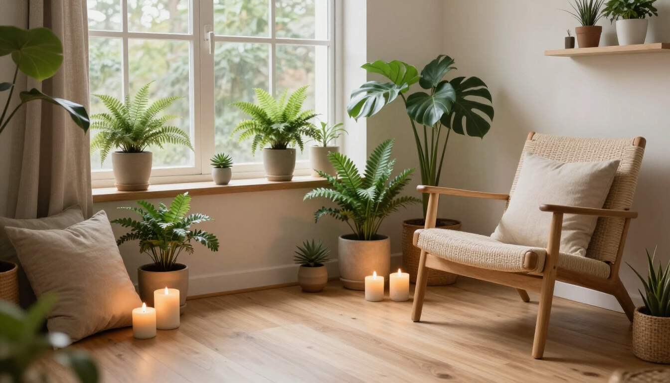 Acogedora sala de estar con ventanas soleadas, plantas en macetas, velas, cojines y un sillón de madera.