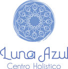 Logotipo floral circular azul con el texto