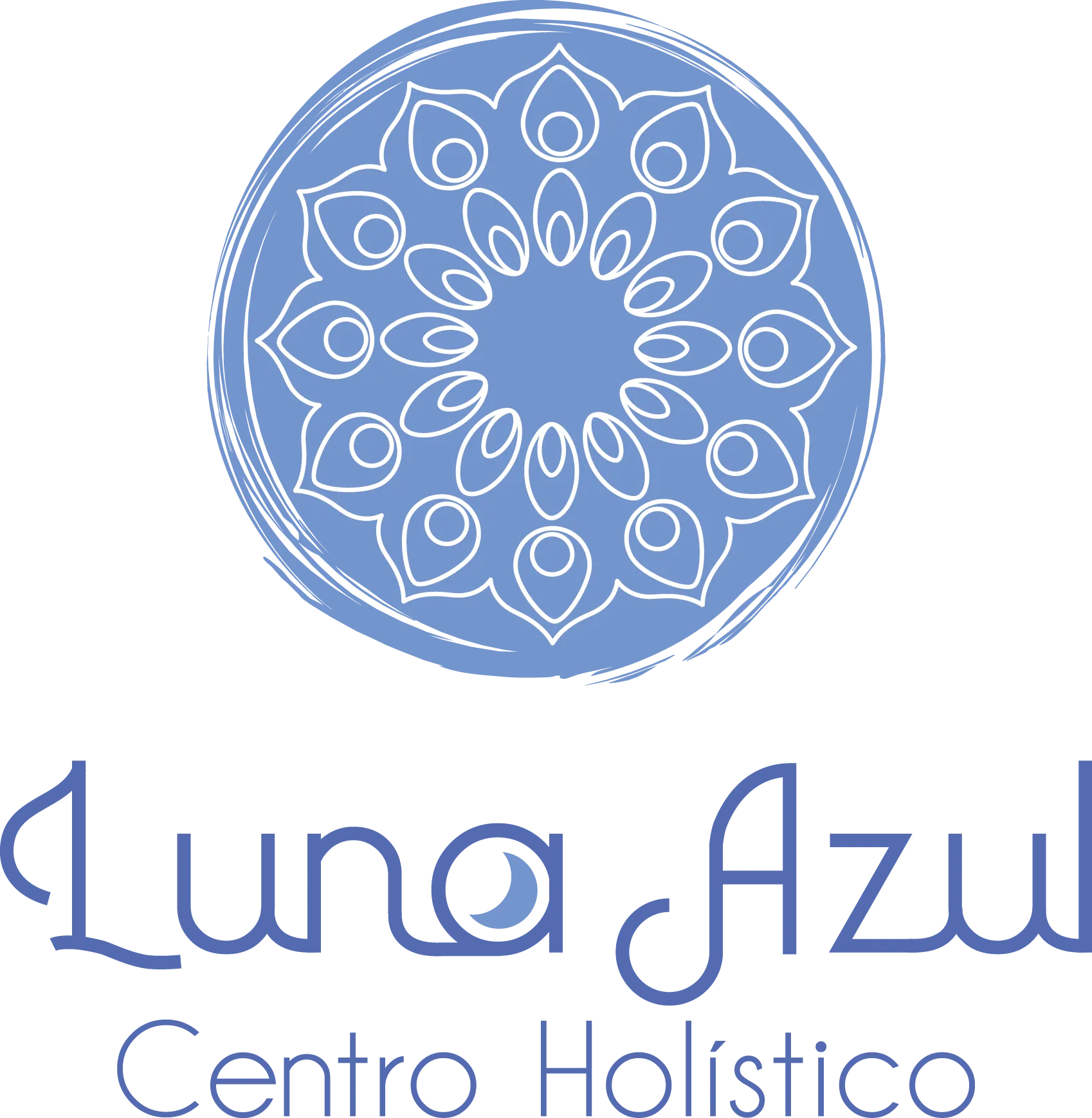 Logotipo floral circular azul con el texto 