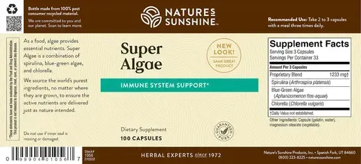 The label of a nature 's sunshine super algae supplement.