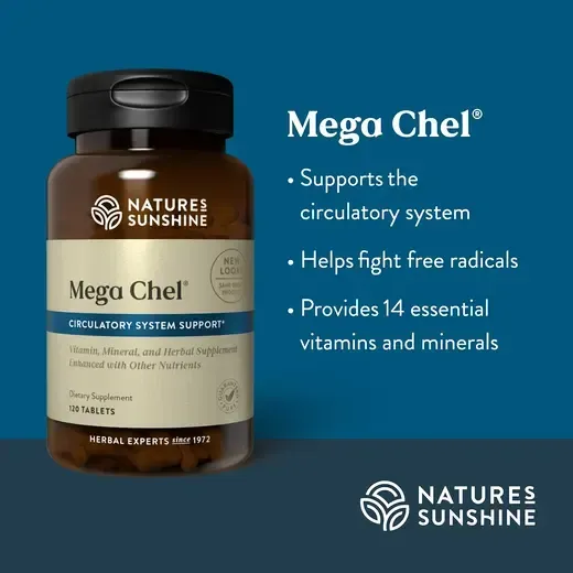 brown bottle with blue back ground with Mega Chel on label