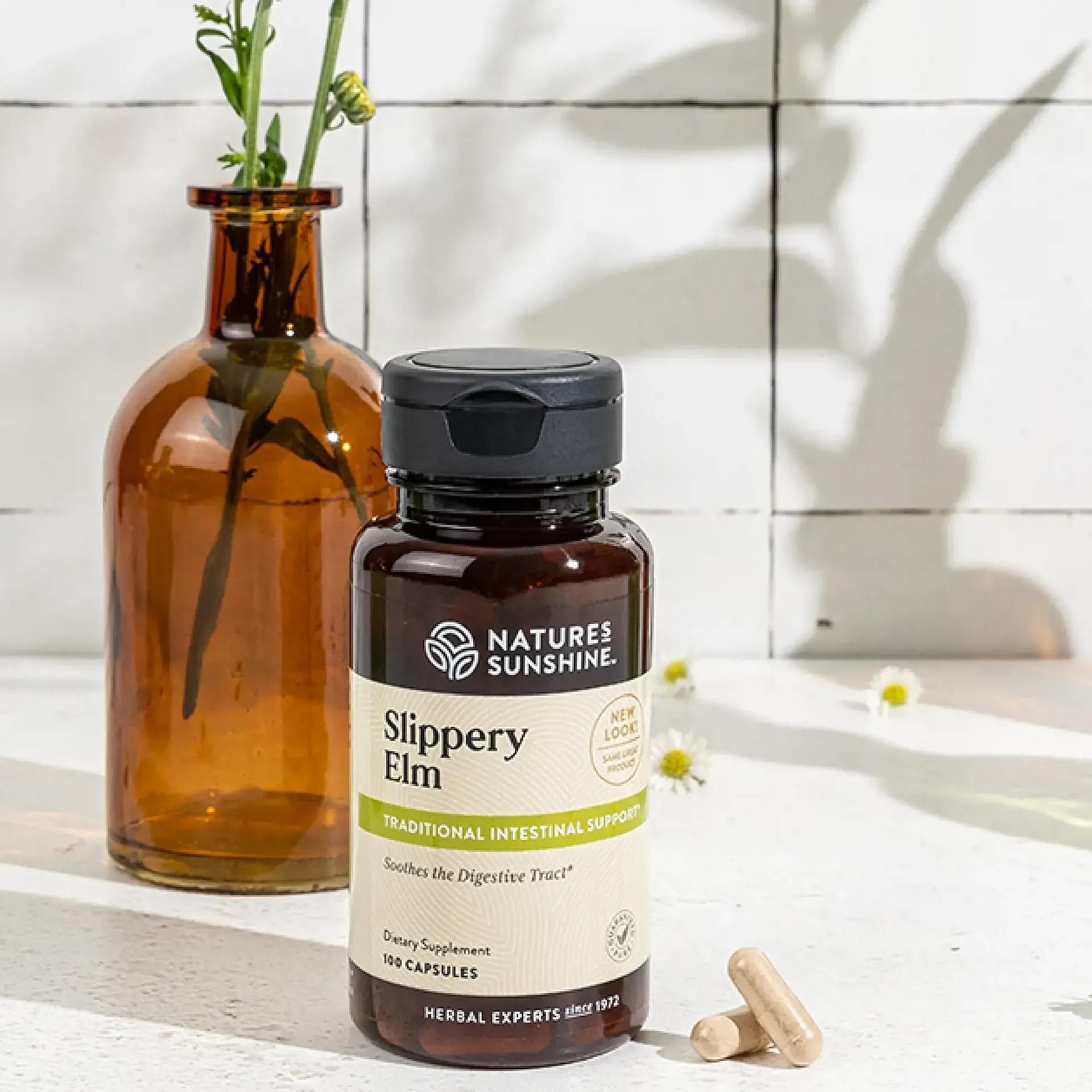 bottle of encapsulated SLIPPERY ELM BARK from Natures Sunshine