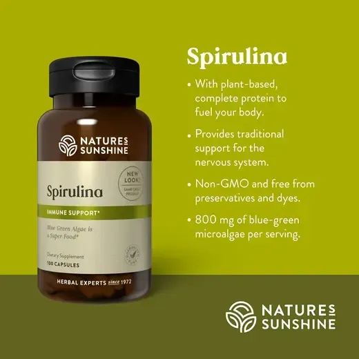 brown bottle of encapsulated herbs with a label 'SPIRULINA'