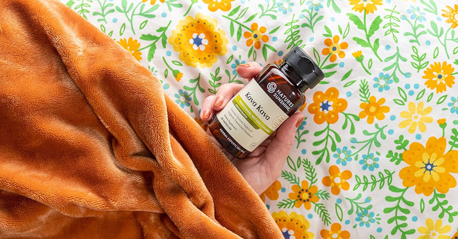 a bottle of Natures Sunshine herbal formula; Kava; to strengthen the Nervous System