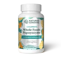 Bottle of children's chewable Papayazyme supplement, white with fruit illustrations.