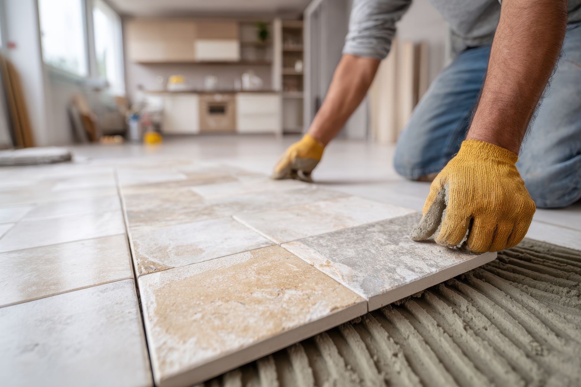 Person kneeling, installing tile flooring with yellow gloves, in a room with a partially finished kitchen.