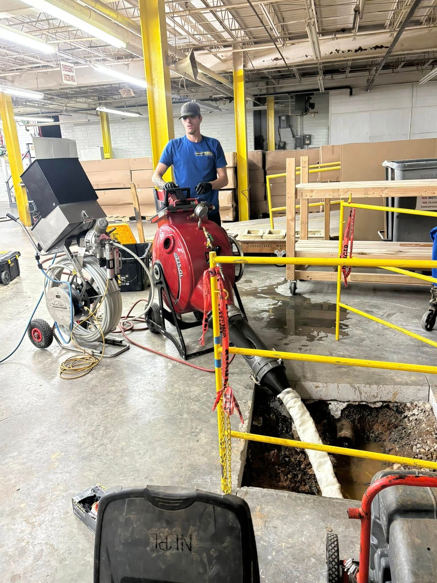 Worker beside red industrial machine in a factory, standing near an open floor pit and yellow safety rails