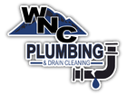 WNC Plumbing & Drain Cleaning logo in blue, black, and white with pipe and droplet graphic