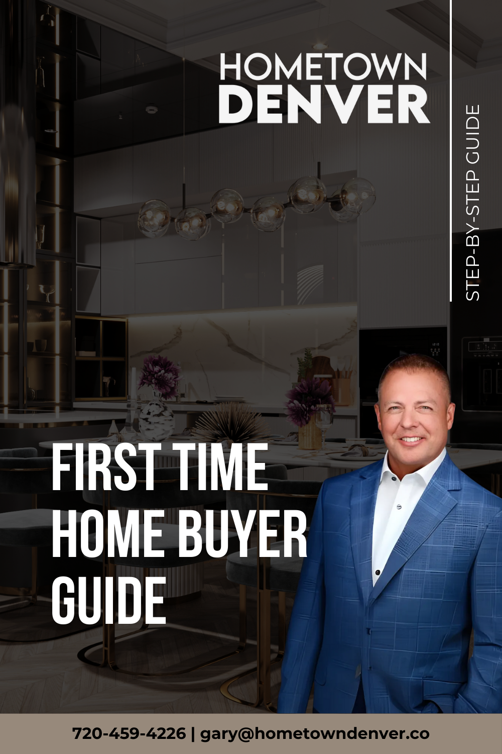 First-time home buyer guide ad with Denver skyline and smiling realtor in a suit
