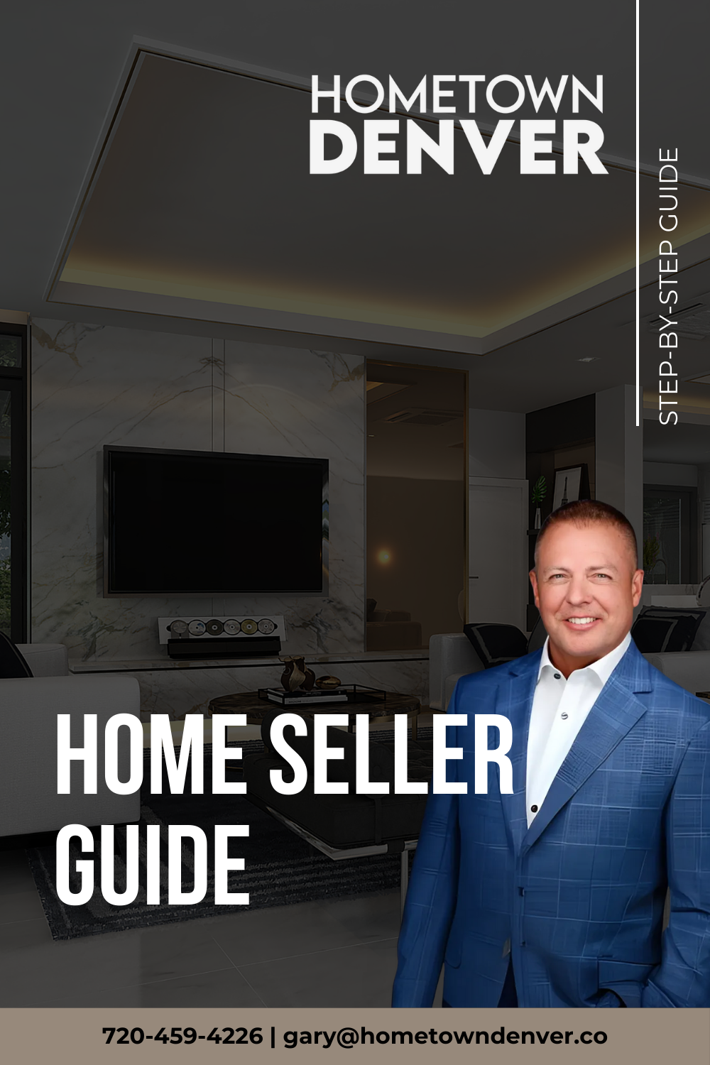 Hometown Denver home seller guide cover with a smiling man in a blue suit in a living room in front of a TV