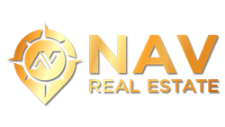 NAV Real Estate logo in gold with compass icon and stylized initials NAV Real Estate logo in gold with compass icon and stylized initials
