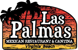Las Palmas Mexican Restaurant logo, with palm trees, text on a sunset backdrop, 