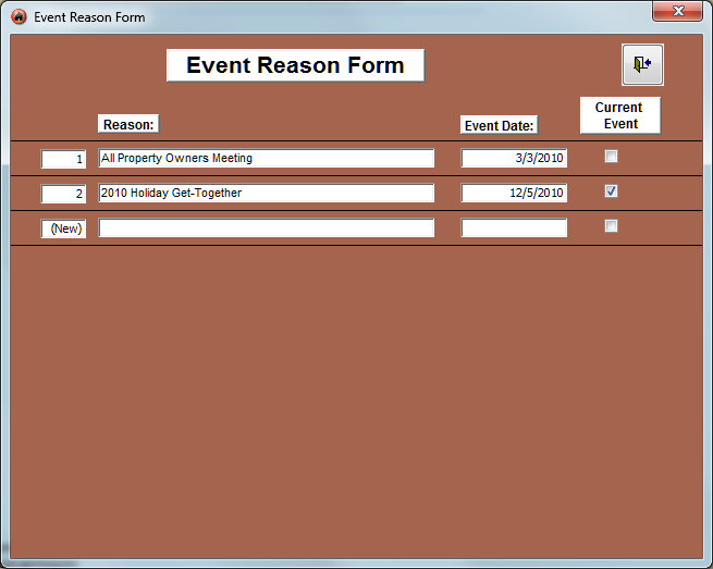 Event Reason Form window with brown background, showing reason and event date fields in a table.