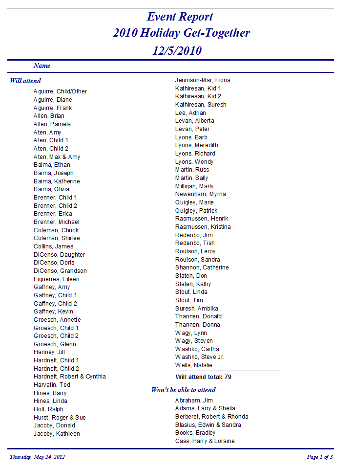 Class yearbook page titled “East Bryant 2010 Holiday Get-Together,” listing names in two columns.