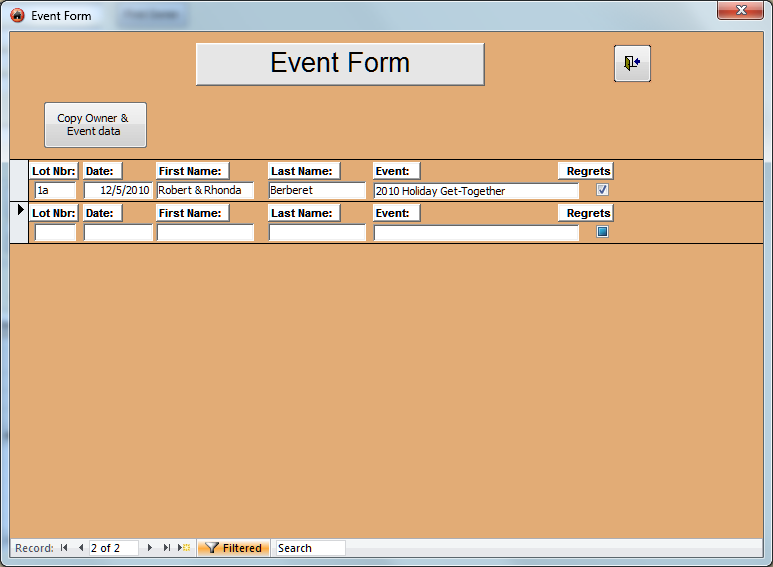 Desktop “Event Form” window with orange background and several data entry fields/buttons.