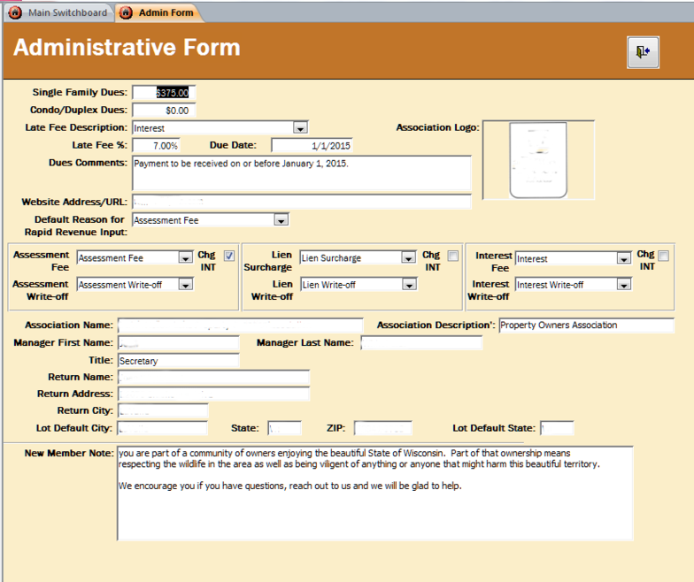 Administrative form screenshot with tan header, many text fields, dropdowns, and a notes box