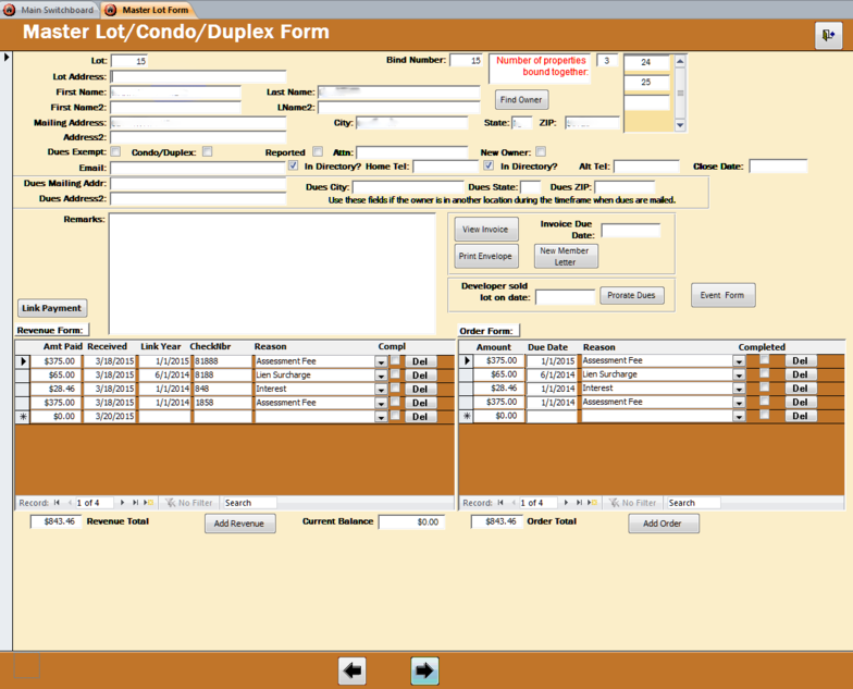 Desktop form titled “Master Lot/Condo/Duplex Form” with multiple fields and data tables on a tan interface