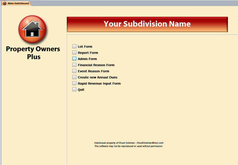 Property Owners Plus web portal with red header and menu links on a beige page