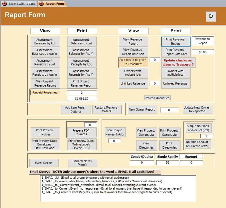 Orange “Report Form” interface with many view/print panels, buttons, and report fields arranged in a grid.