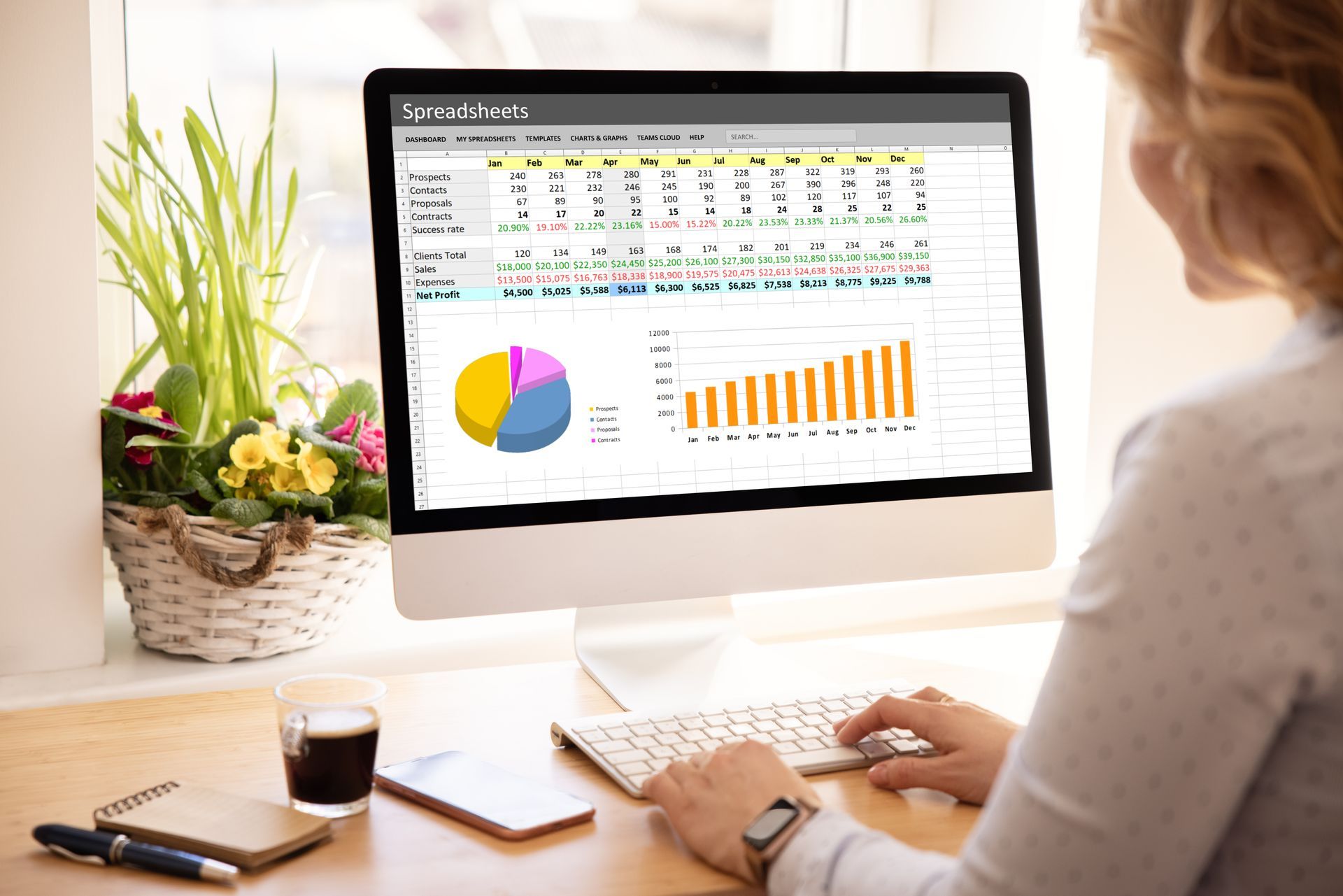 Person working at a desktop computer showing charts and tables in a bright office setting