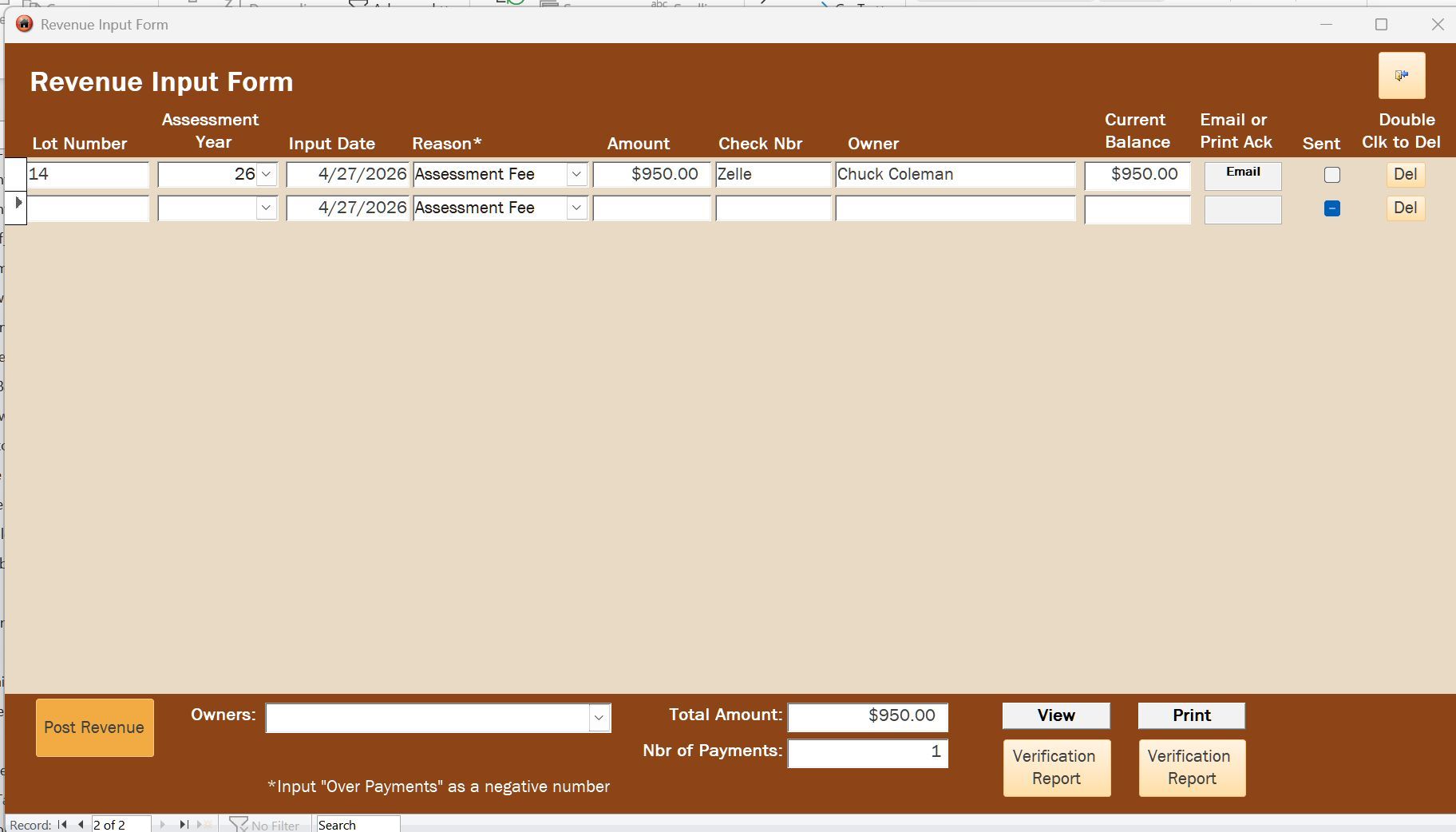 Revenue Input Form window with a spreadsheet-style table and buttons at the bottom