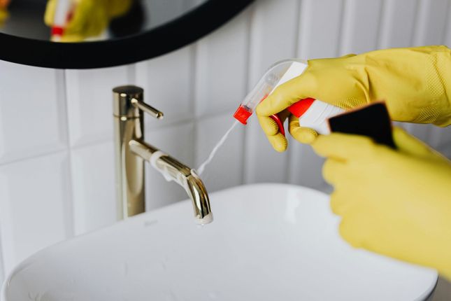 Hands in yellow gloves spraying and wiping a golden faucet in a white bathroom.