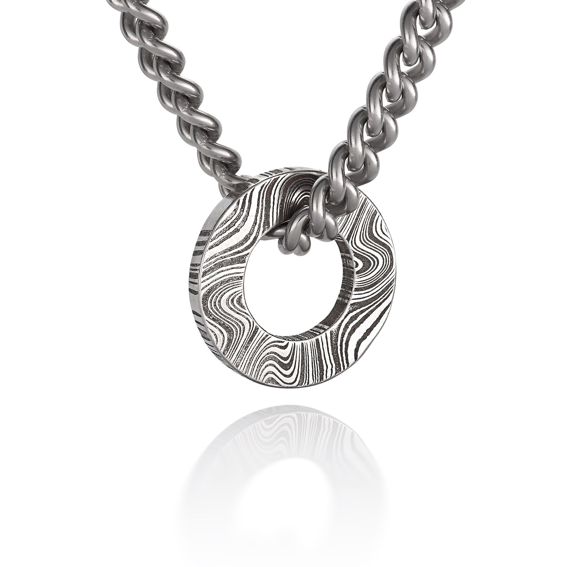 Damascus Disc Pendant on Heavy Curb Chain