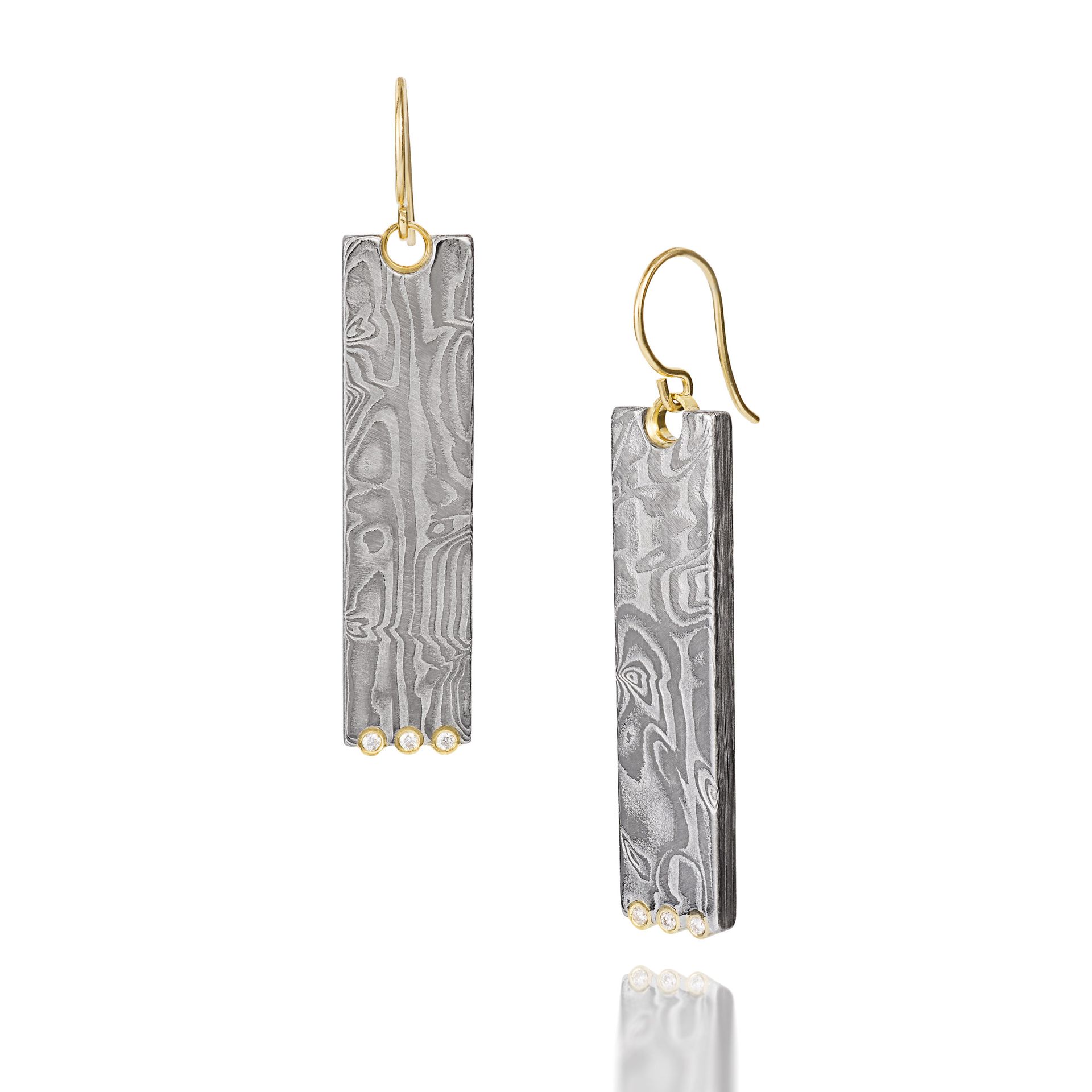 Damascus Dangle with Gold - Large Rectangle, 3 Diamonds