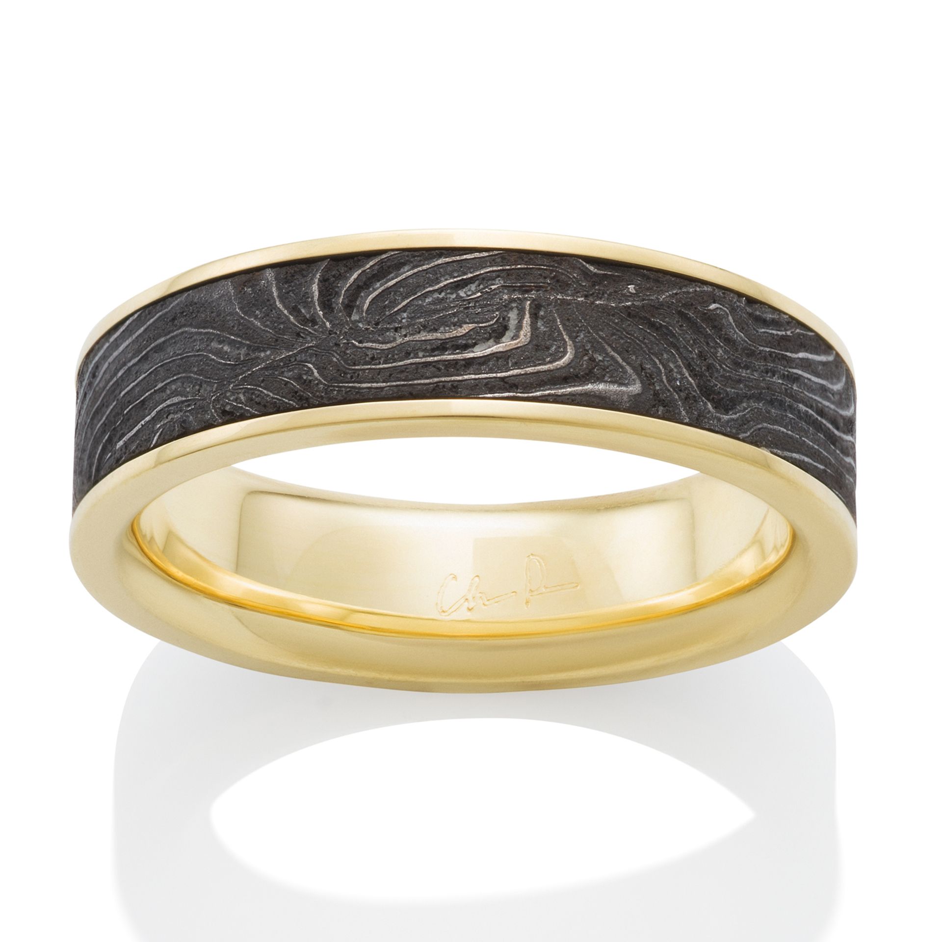 Damascus Shotgun Barrel Ring - 18K Yellow Gold