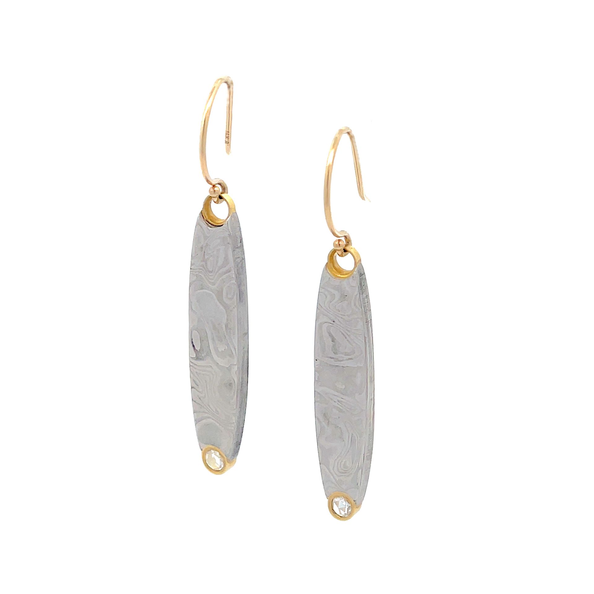 Damascus Dangle with Gold - Large Oval with Rose Cut Diamond