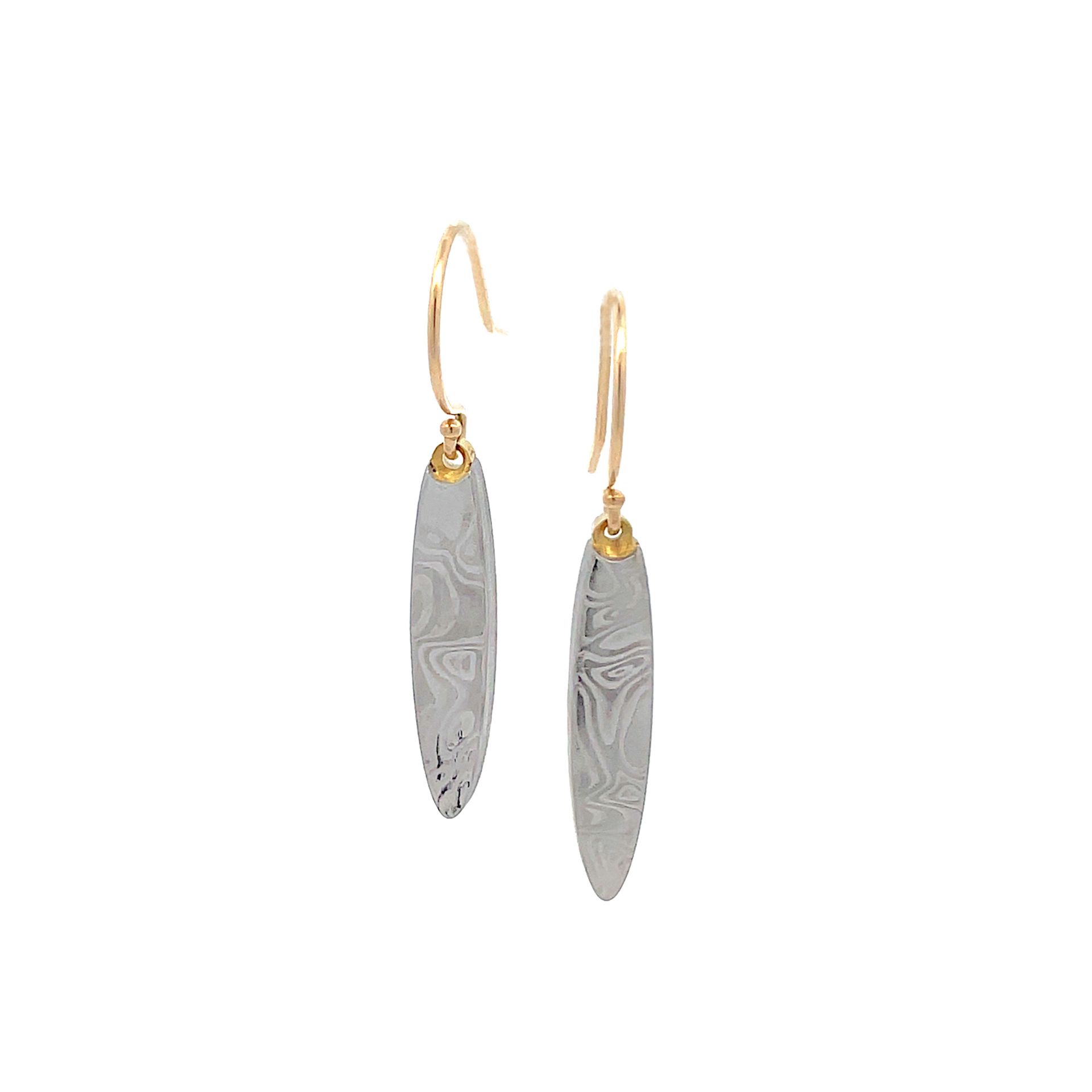 Damascus Dangle with Gold - Thin Oval