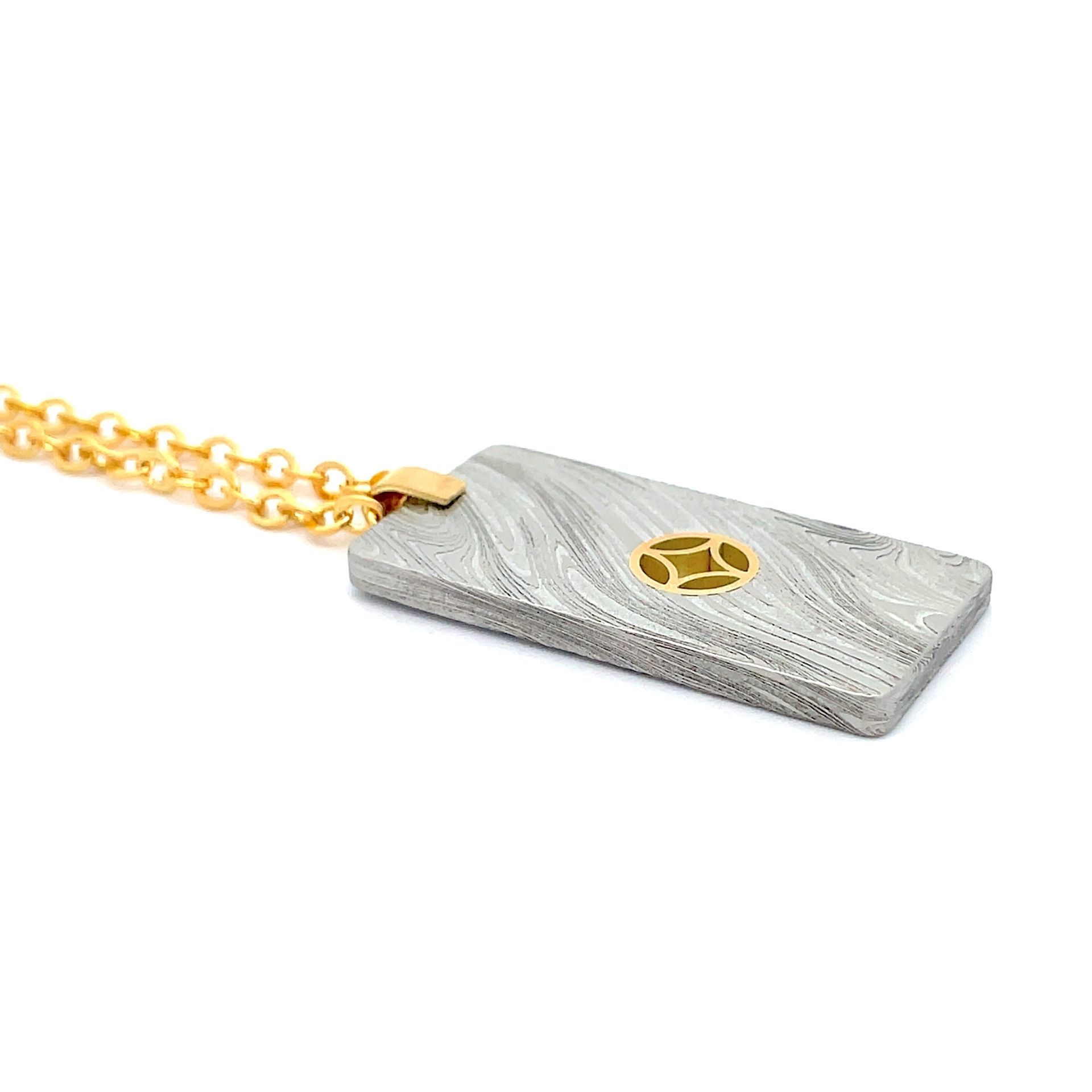 Damascus Dog Tag with Gold Inlay - Quartered Circle