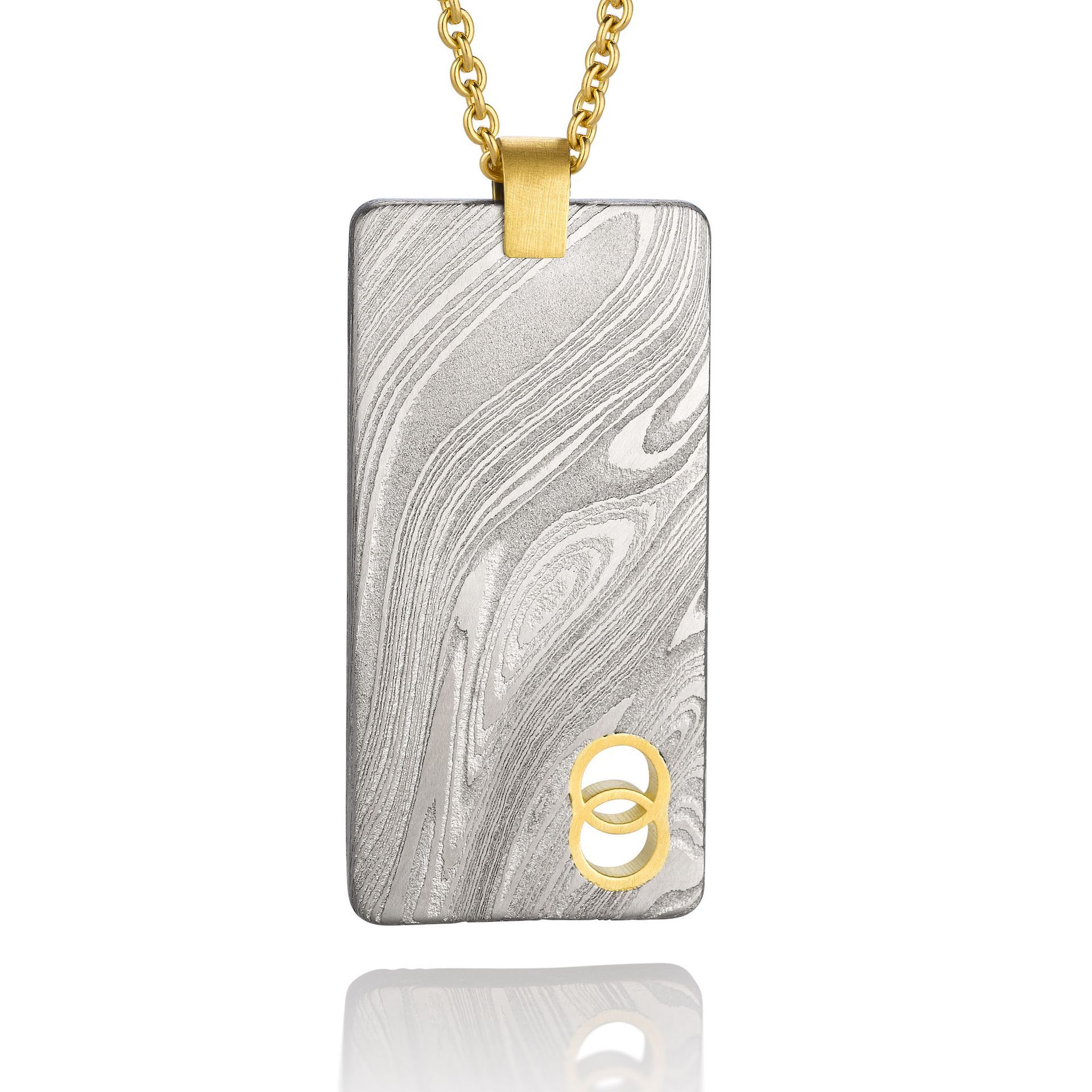 Damascus Dog Tag with Gold Inlay - Vertical Double Circle